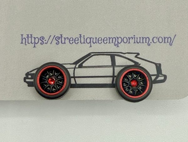Diecast Wheel Stud Earrings (Black 10 Spoke Red Lip & Stone)