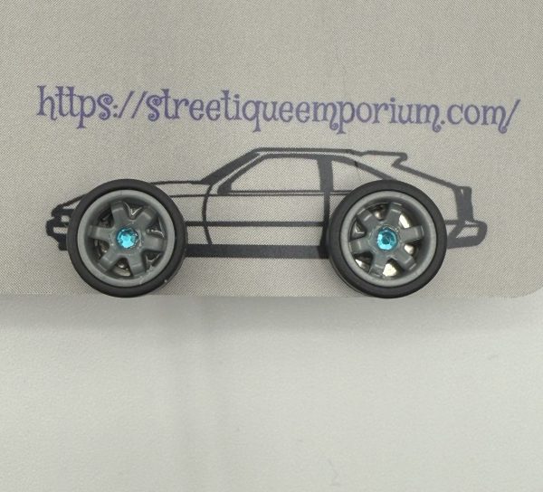 Diecast Wheel Stud Earrings (Dk. Grey 6 Spoke w/ Lt.Blue Stone)