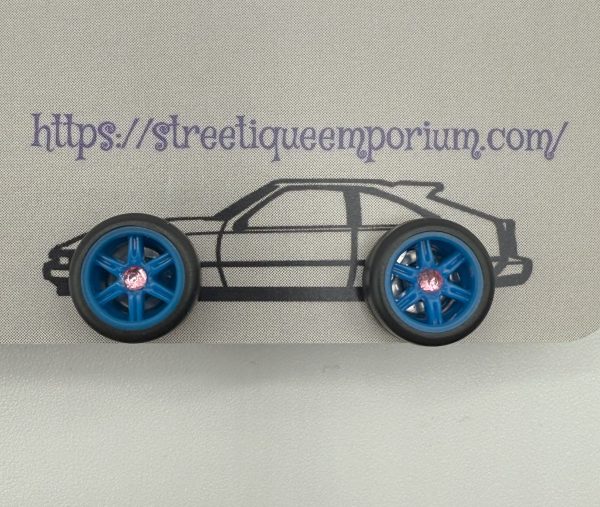 Diecast Wheel Stud Earrings (Blue 6 Spoke w/ Pink Stone)