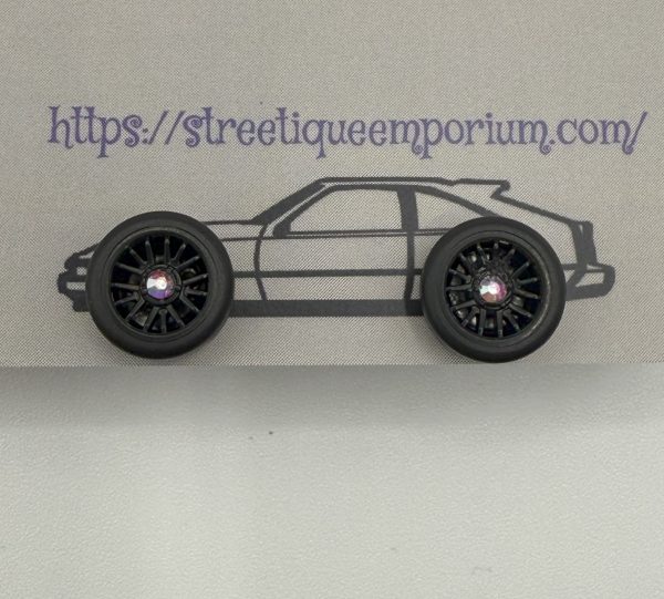 Diecast Wheel Stud Earrings (Black Mesh Crystal AB)