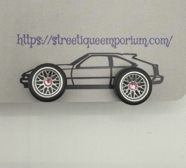 Diecast Wheel Stud Earrings (Silver Mesh w/ Pink Stone)