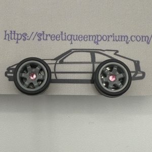 Diecast Wheel Stud Earrings (Dk. Grey 6 Spoke w/Pink Stone)
