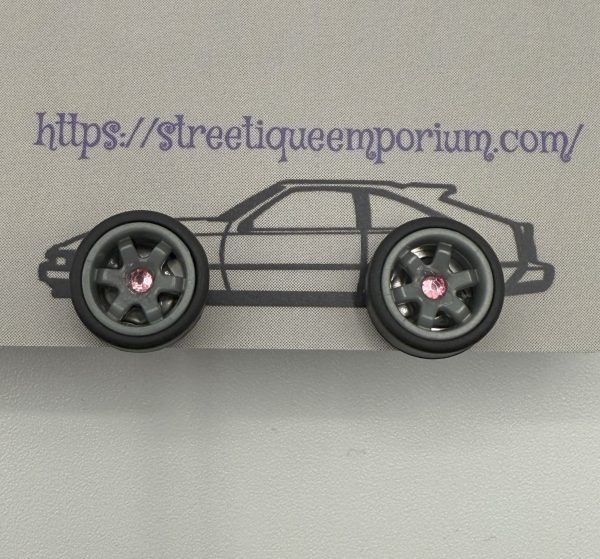 Diecast Wheel Stud Earrings (Dk. Grey 6 Spoke w/Pink Stone)