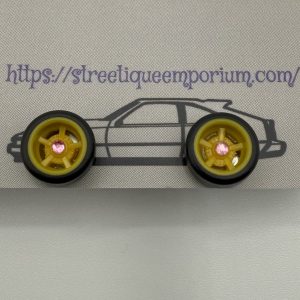 Diecast Wheel Stud Earrings (Yellow 5 Spoke w/ Pink Stone)