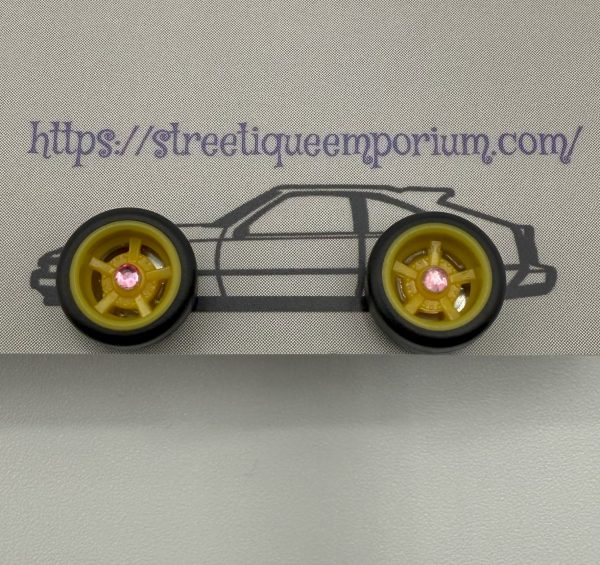 Diecast Wheel Stud Earrings (Yellow 5 Spoke w/ Pink Stone)