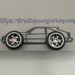 Diecast Wheel Stud Earrings (Silver 5 Spoke V w/ Pink Stone)