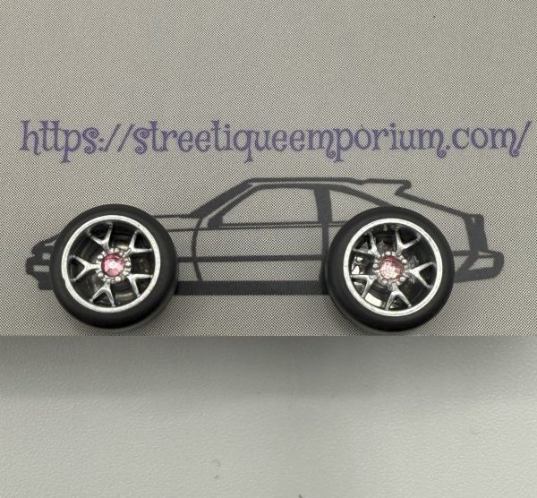Diecast Wheel Stud Earrings (Silver 5 Spoke V w/ Pink Stone)